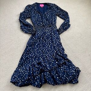 Lilly Pulitzer Cristiana long sleeve chiffon Navy Dress with gold polka dots